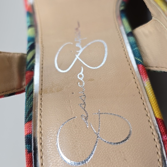 Jessica Simpson Wedge Sandal Sz 6 Cork Fabric Upper Sling Back Tropical Colorful - Picture 6 of 12